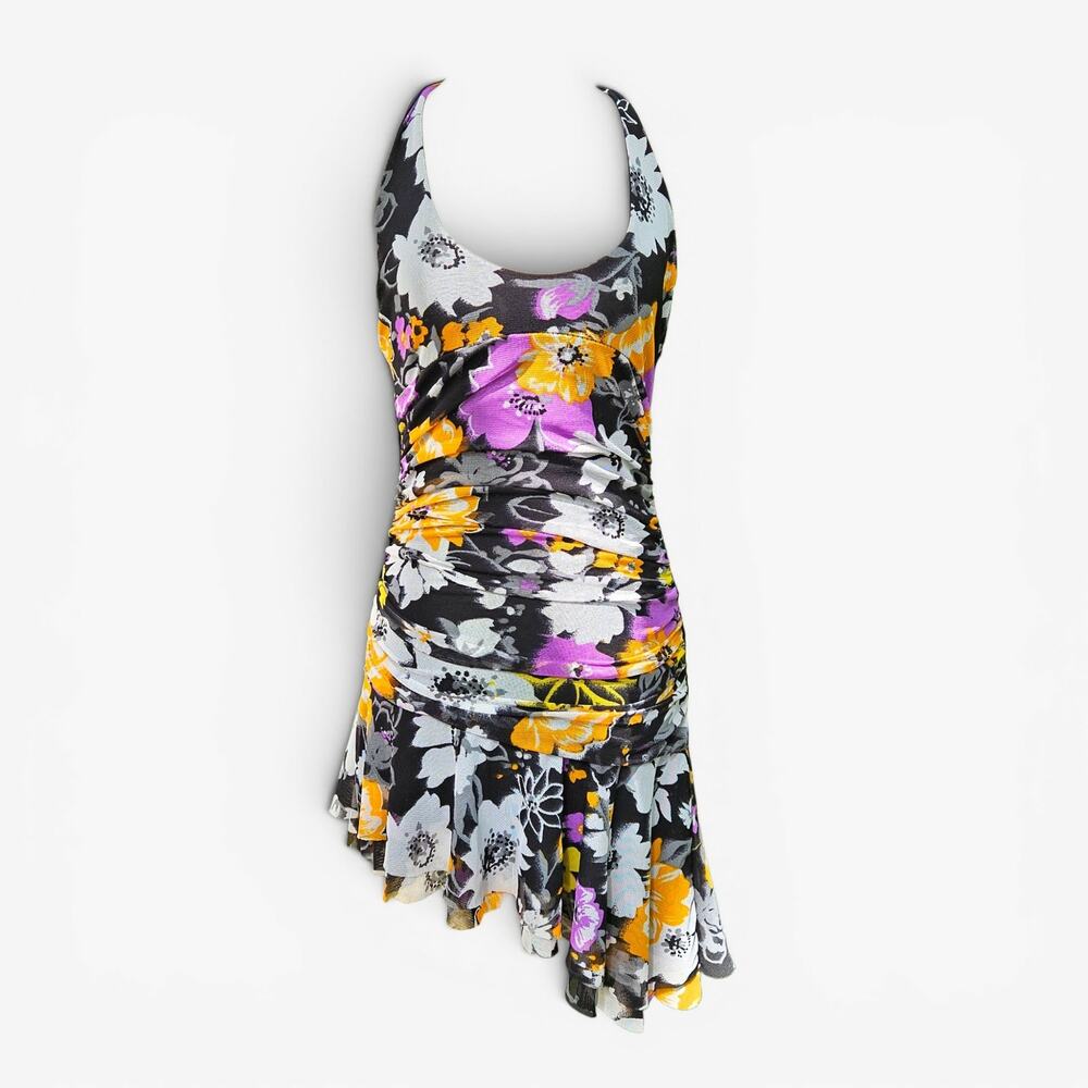 Euro Mesh Halter Dress Drop-Waist Floral - Size Small